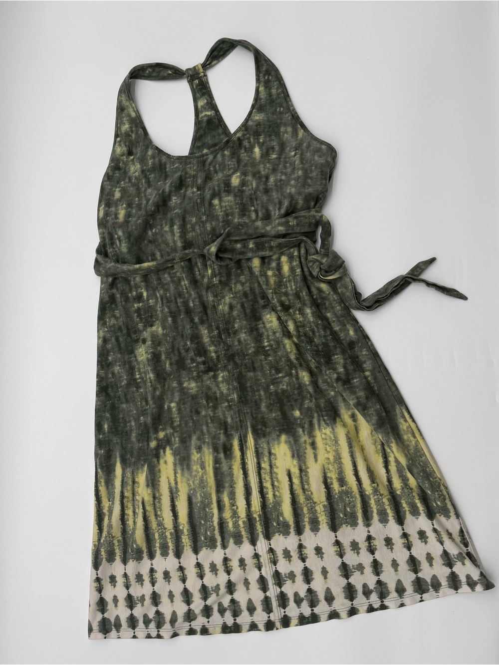 Patagonia Organic Cotton Olive and Yellow Tie-Dye Racerback Midi Dress
